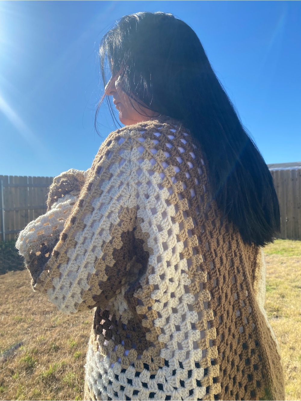Hand Crafted Brown, Cream & Tan Crochet Cardigan - Picture 3 of 4